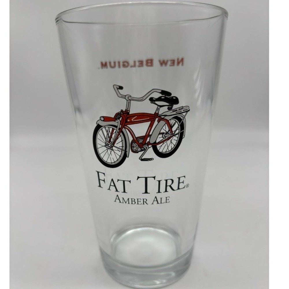 New Belgium Fat Tire Pint Glass 16oz Clear Red Bicycle Logo Barware